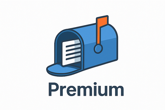 Blue mailbox with an orange flag and the word 'Premium' on a white background